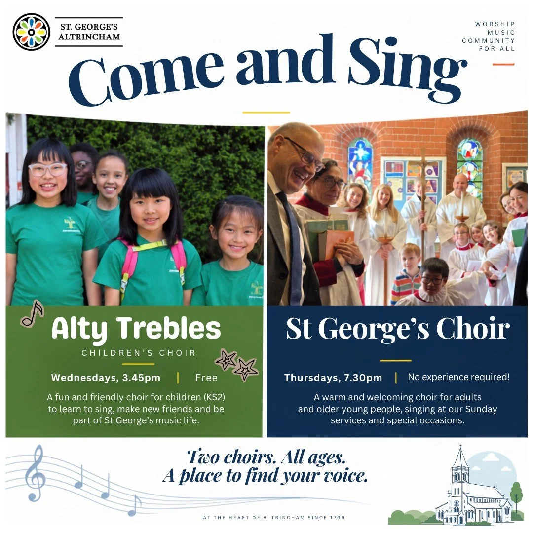 🎶 Come and sing with us! 🎶

Did you know we now have two choirs at St George&rsquo;s, offering opportunities to sing, learn and make music together for different ages?

🌟 Alty Trebles &ndash; Children&rsquo;s Choir
Wednesdays, 3.45pm | KS2 | FREE
