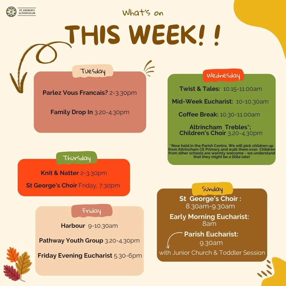 Come and be part of all that's going on this week at St George's 👇

More information here:
https://www.stgeorgesaltrincham.org/