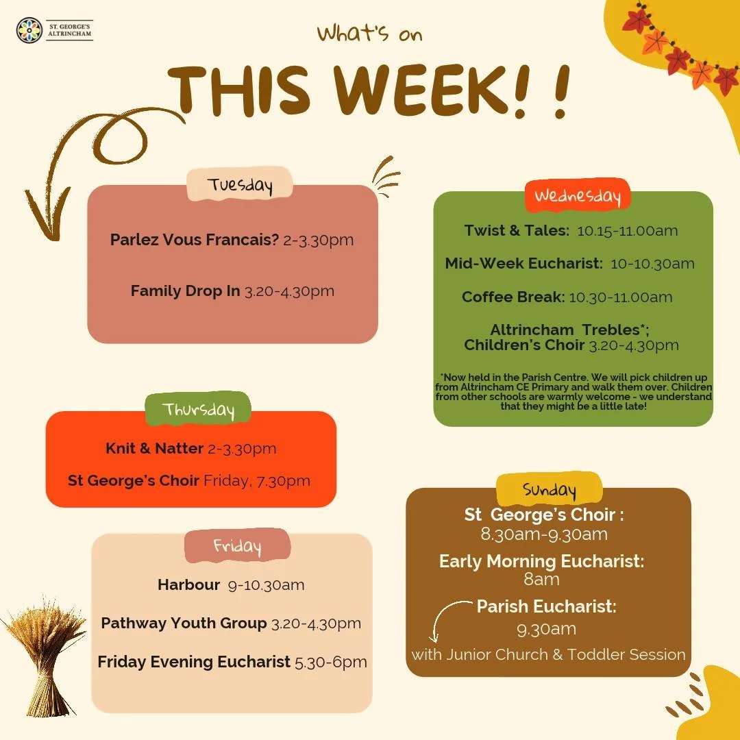 Good morning - our week begins again!

After the excitement of our Harvest Festival, there is much to be involved in this week too - why not come and be a part of it all?