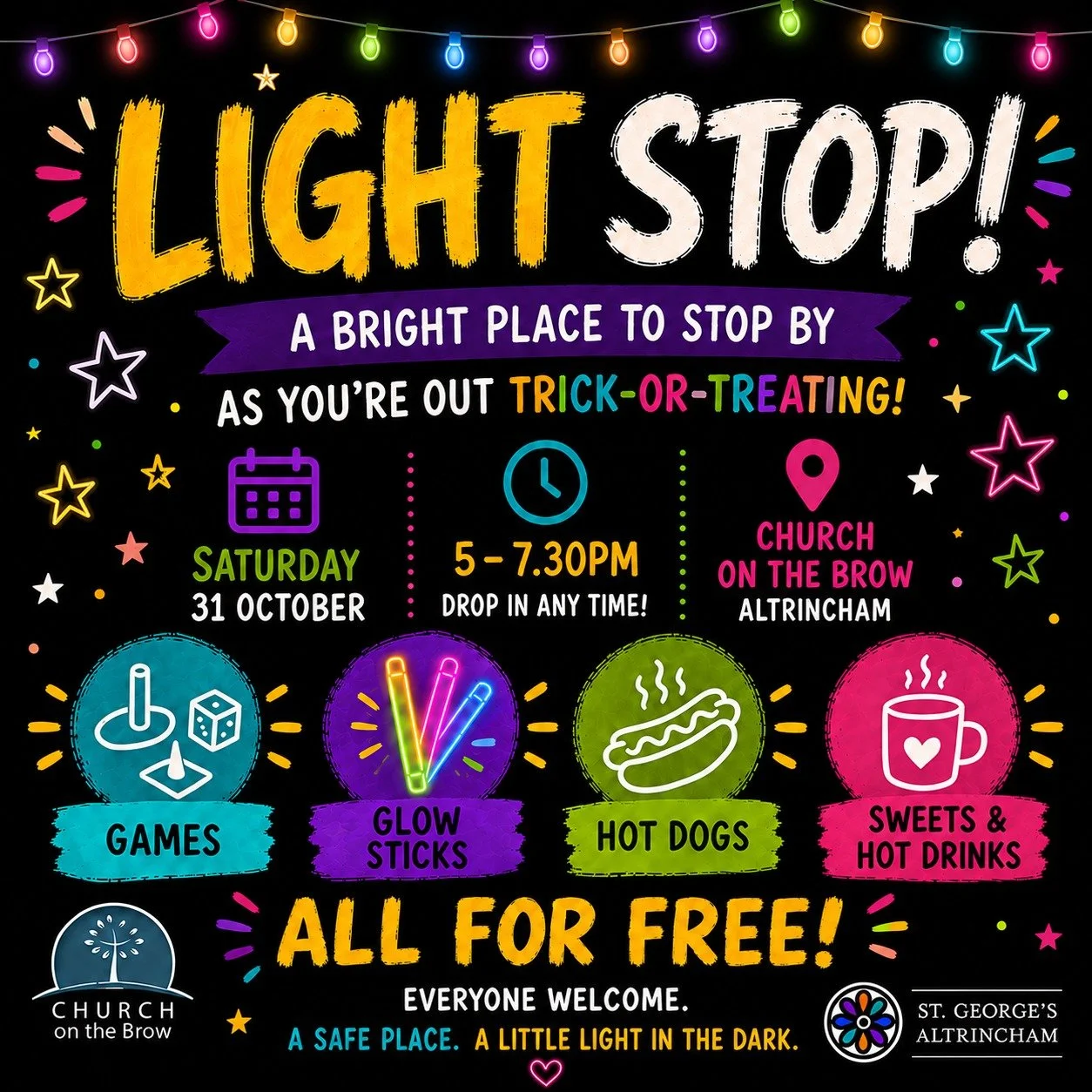 🎃✨ Out trick-or-treating this Halloween? Make a stop at our Light Stop!

On Saturday 31st October, we're joining forces with Church on the Brow to offer families a bright, friendly place to stop off during their Halloween adventures!

And we've got 