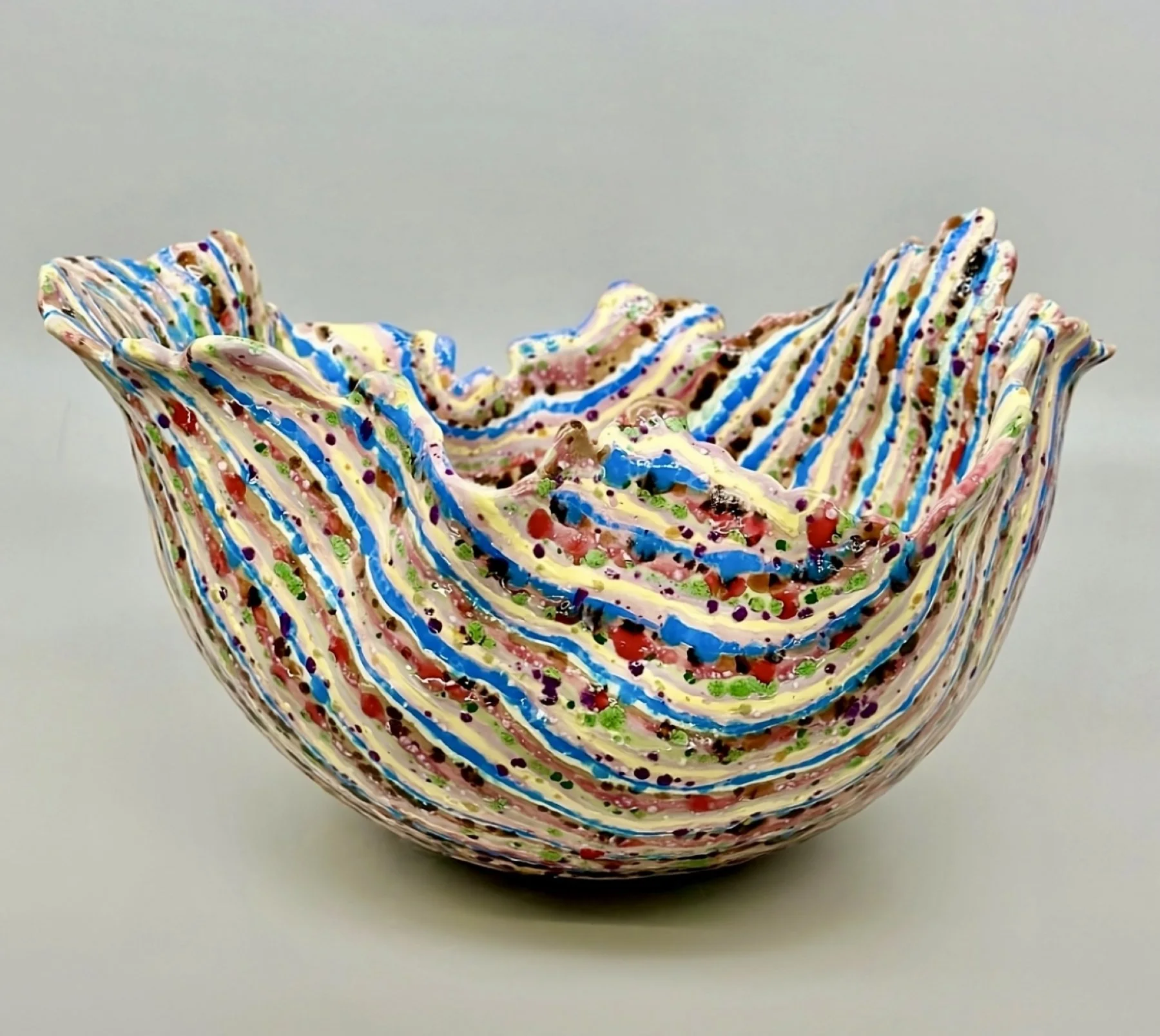 * Title: Comme, Saek Dong (색동: Multiple Colored) as Memories in Stripes of Joy, @2025
* Medium:  Porcelain, SIO blue Porcelain, Several pigments mixed with porcelain, stonewares, Crystal glaze
* Size : 9.5(h)x11(w)x16(d)