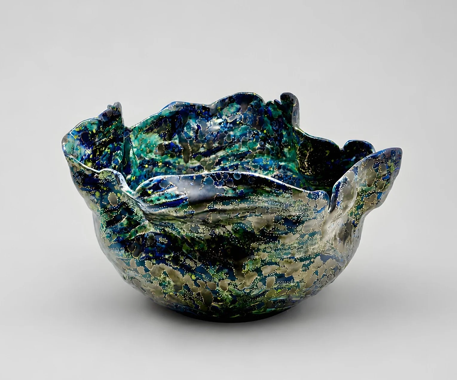 * Title: uNtItLeD_XVI_a, @2024 * Medium: Sio-2 Black, Blue porcelain, color pigments, stonewares, Crystal Glaze, Gold luster overglaze * Size: 9" x 13" x 13"