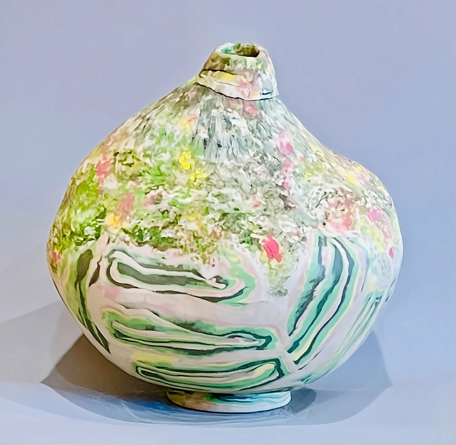 * Title: uNtItLeD_Spring Scenery, @2022 * Medium: porcelain, stoneware, Brooklyn red clay, yellow, pink and green pigments mixed with porcelain * Size: 10" x 9" x 9"