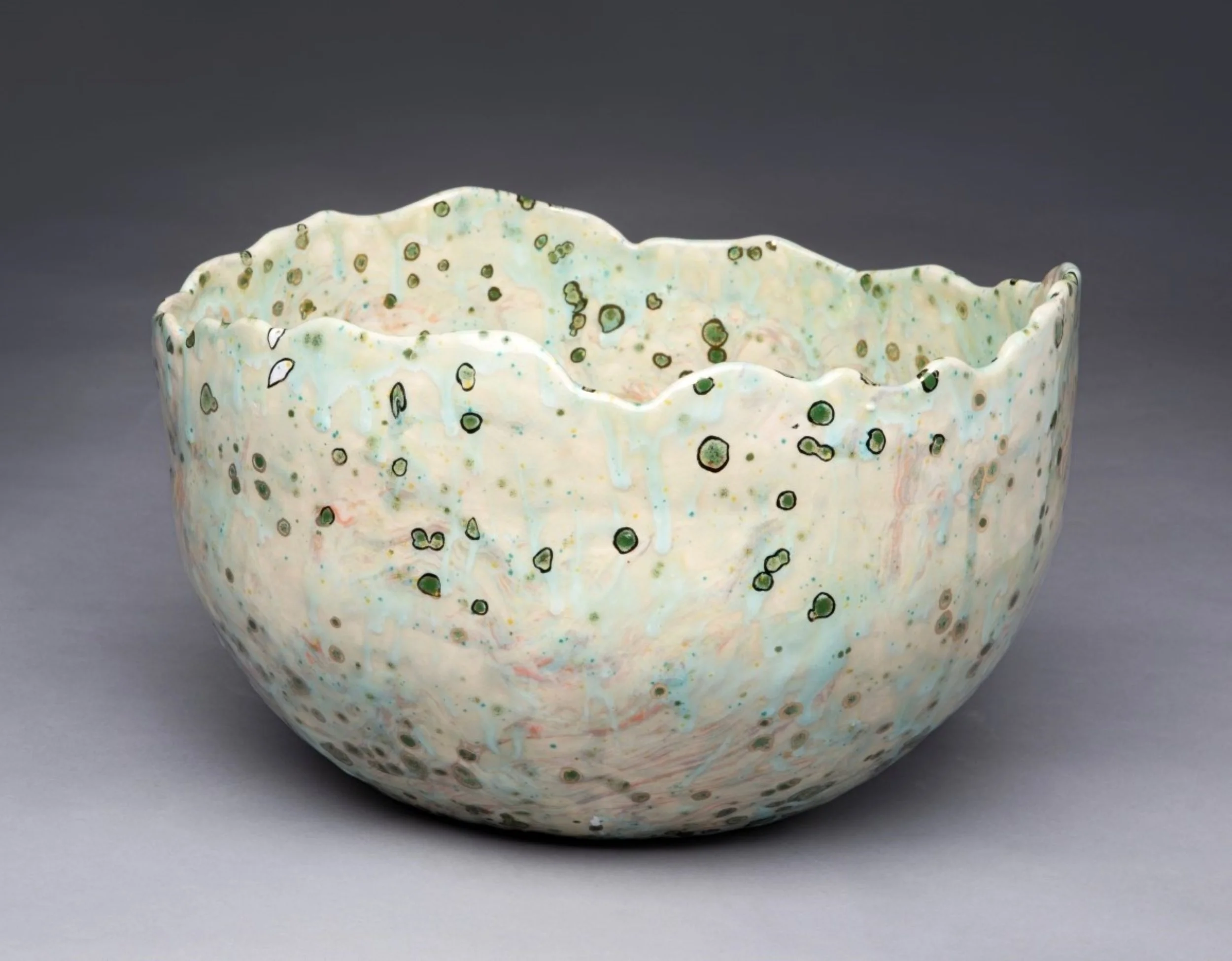 * Title: uNtItLeD_XV, @2024  
 * Medium: 240 white clay, stoneware, and several pigments into 213 porcelain, crystal glaze, 10% of Real gold luster overglaze  * Size: 12" x 15" x 15"
