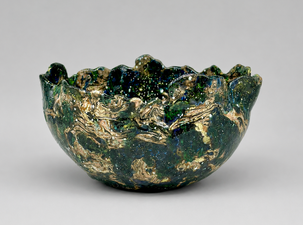* Title: uNtItLeD_VIII_a, @2024 * Medium: Sio-2 black porcelain, blue, orange, yellow and pink pigments, stonewares, crystal Glaze, grey mother of pearl, and silver luster overglaze * Size: 7.5” x 13” x 13”