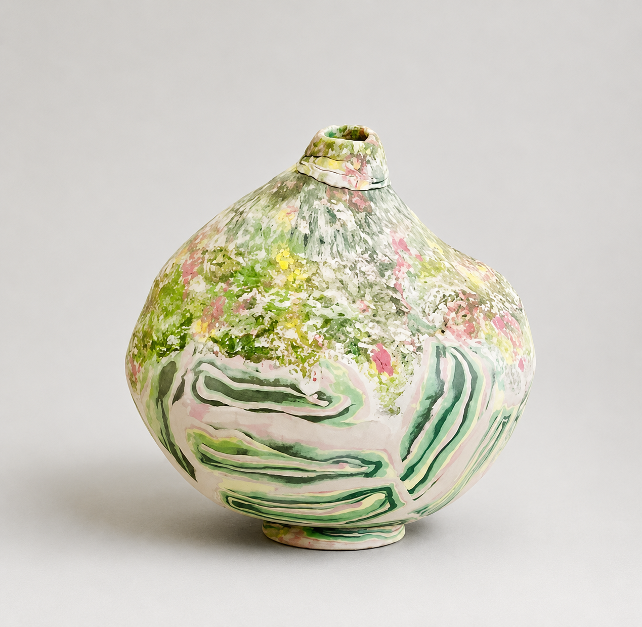 * Title: uNtItLeD_Spring Scenery, @2022 * Medium: porcelain, stoneware, Brooklyn red clay, yellow, pink and green pigments mixed with porcelain * Size: 10" x 9" x 9" * This work is no longer available. Image included for portfolio documentation only.