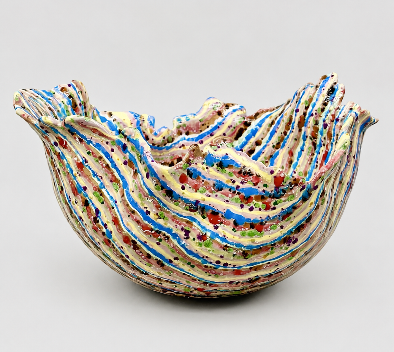 * Title: Comme, Saek Dong (색동: Multiple Colored) as Memories in Stripes of Joy, @2025
* Medium:  Porcelain, SIO blue Porcelain, Several pigments mixed with porcelain, stonewares, Crystal glaze
* Size : 9.5(h)x11(w)x16(d) 