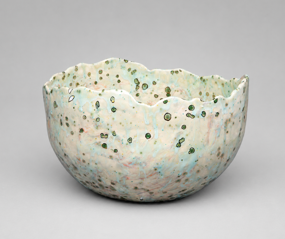 * Title: uNtItLeD_XV, @2024  
 * Medium: 240 white clay, stoneware, and several pigments into 213 porcelain, crystal glaze, 10% of Real gold luster overglaze  * Size: 12" x 15" x 15"
