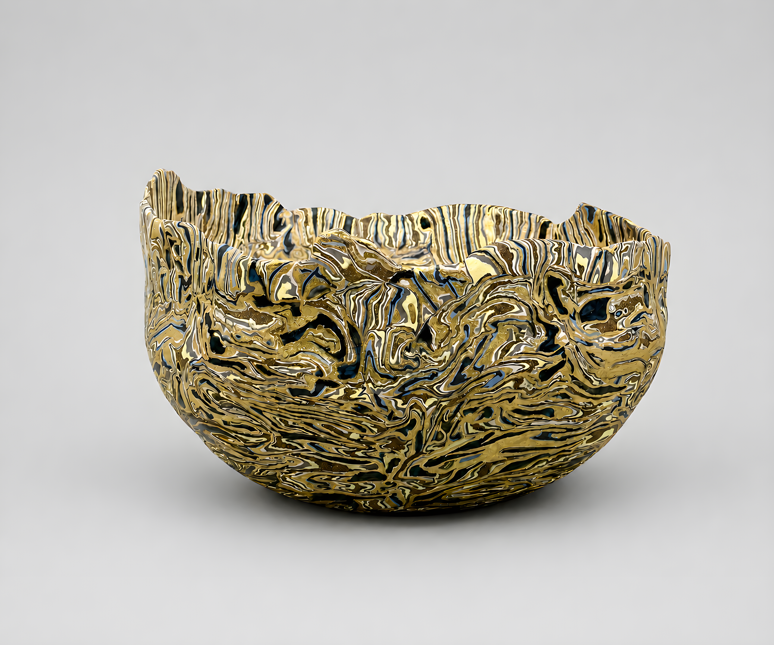 * Title: uNtItLeD_XII, @2023  
 * Medium: SiO-2 blue and black porcelain, porcelain (213) mixed with yellow and light blue pigments, stonewares, gold luster overglaze  * Size: 8" x 14" x 10"