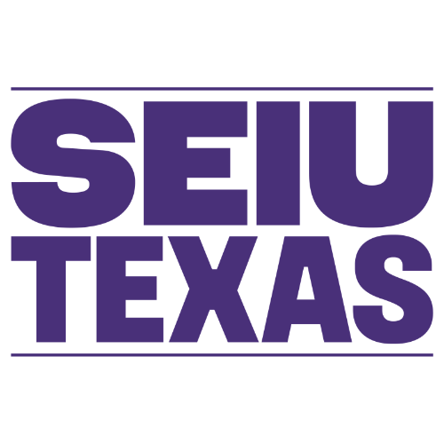 SEIU Texas logo in purple text with a white background. SEIU is the abbreviation for Service Employees International Union, a large labor union representing healthcare , public service, and property service workers.