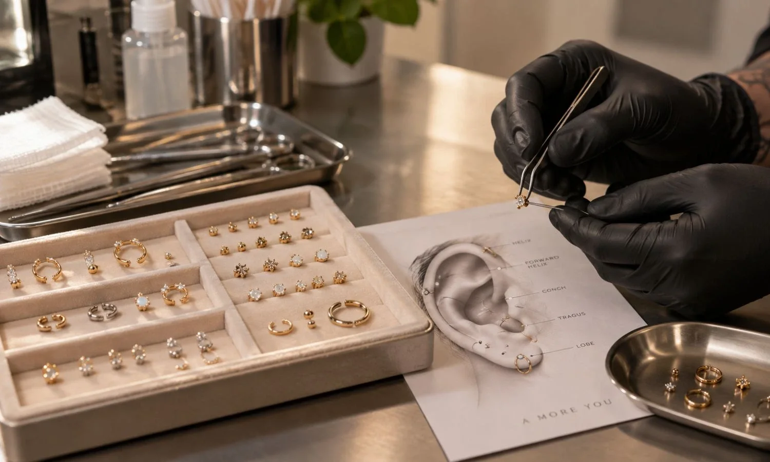 Piercing professional selecting jewelry for a curated ear setup with sterile tools and placement guide