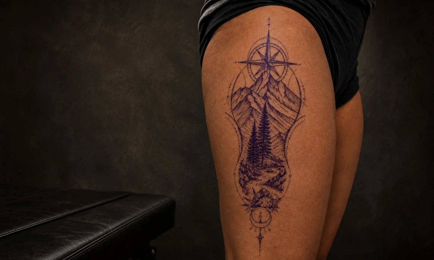 Detailed mountain landscape tattoo on the outer thigh, a commonly lower-pain tattoo placement