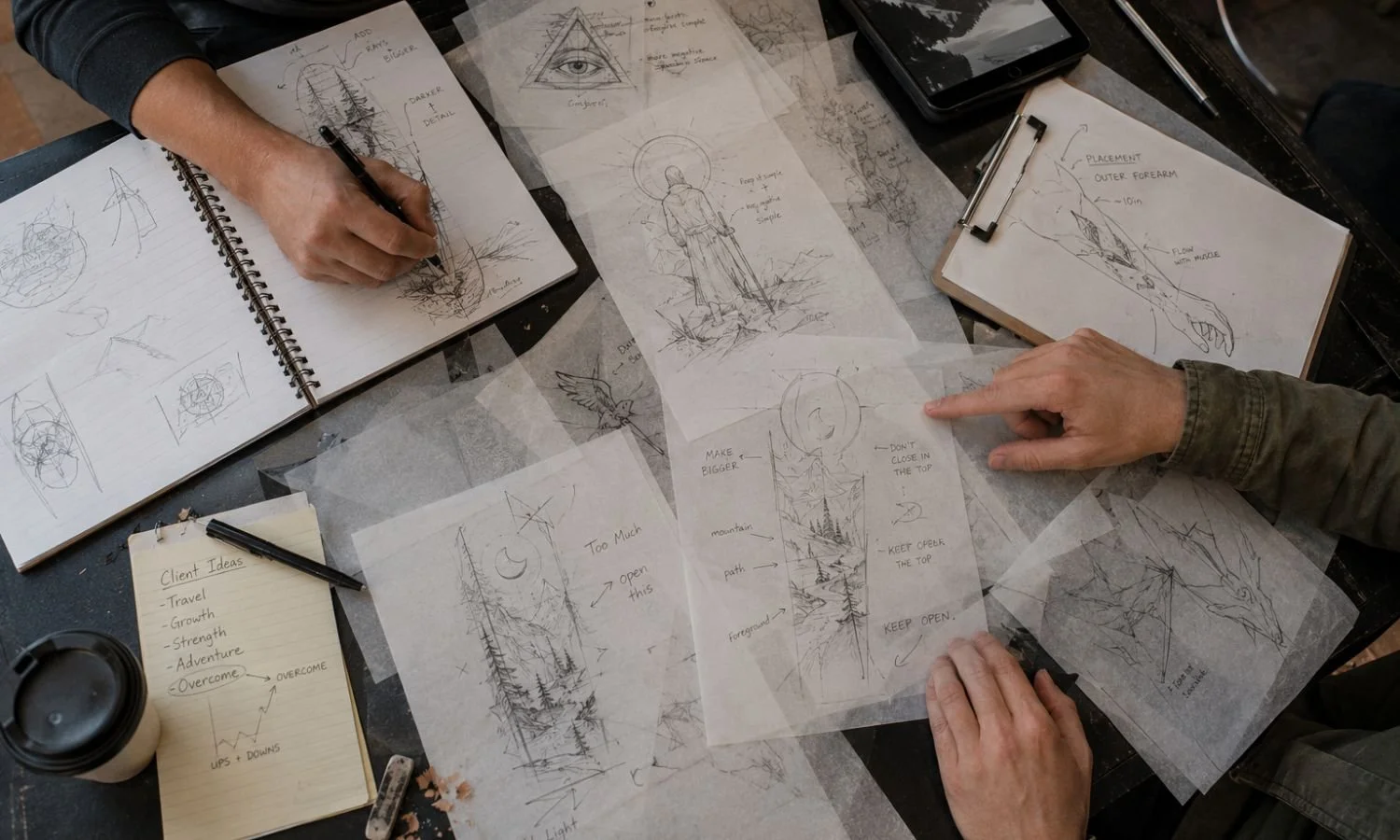 Tattoo consultation with custom design sketches and placement planning for an out-of-town client visiting San Antonio.