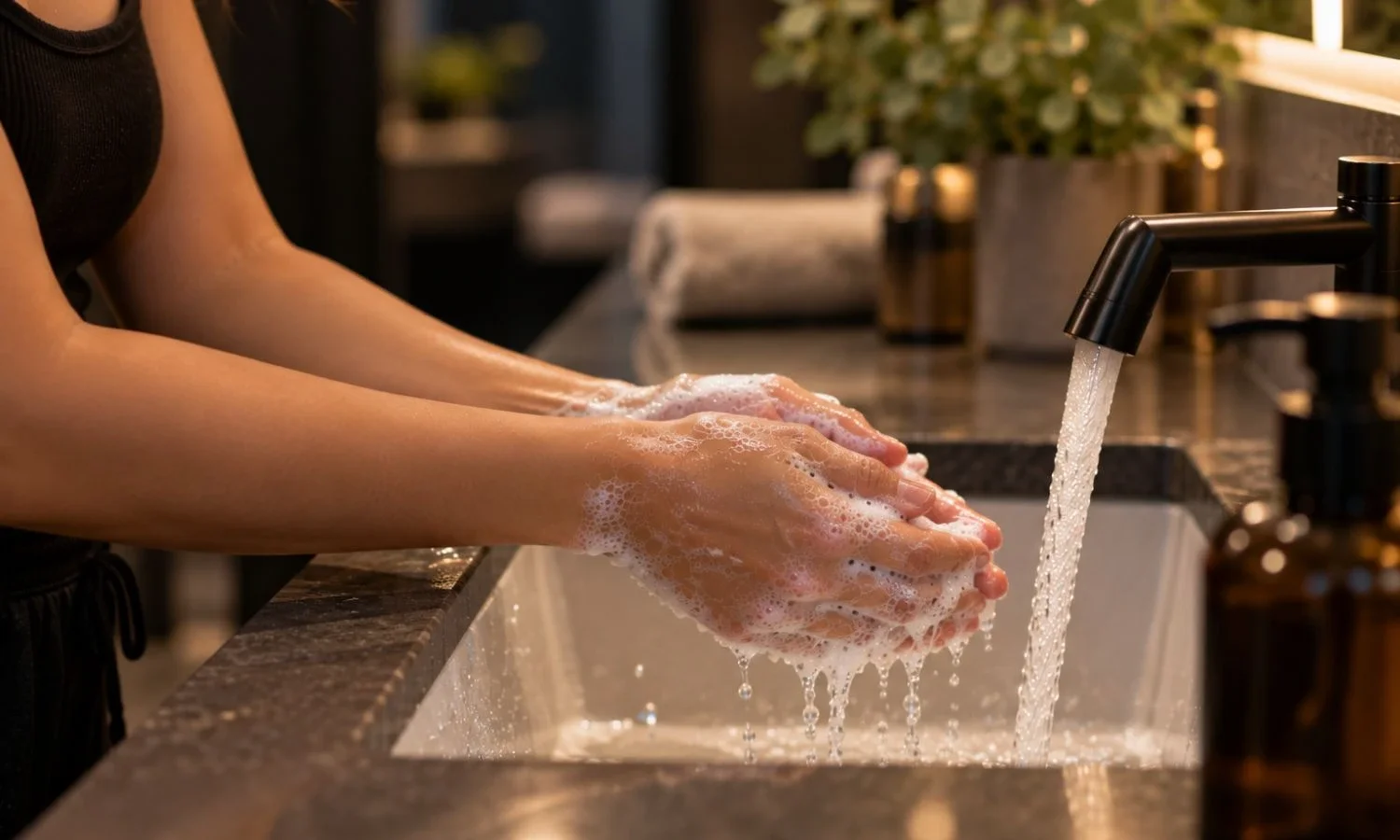 Hands being washed with soap and running water to maintain hygiene before handling or cleaning a healing body piercing.