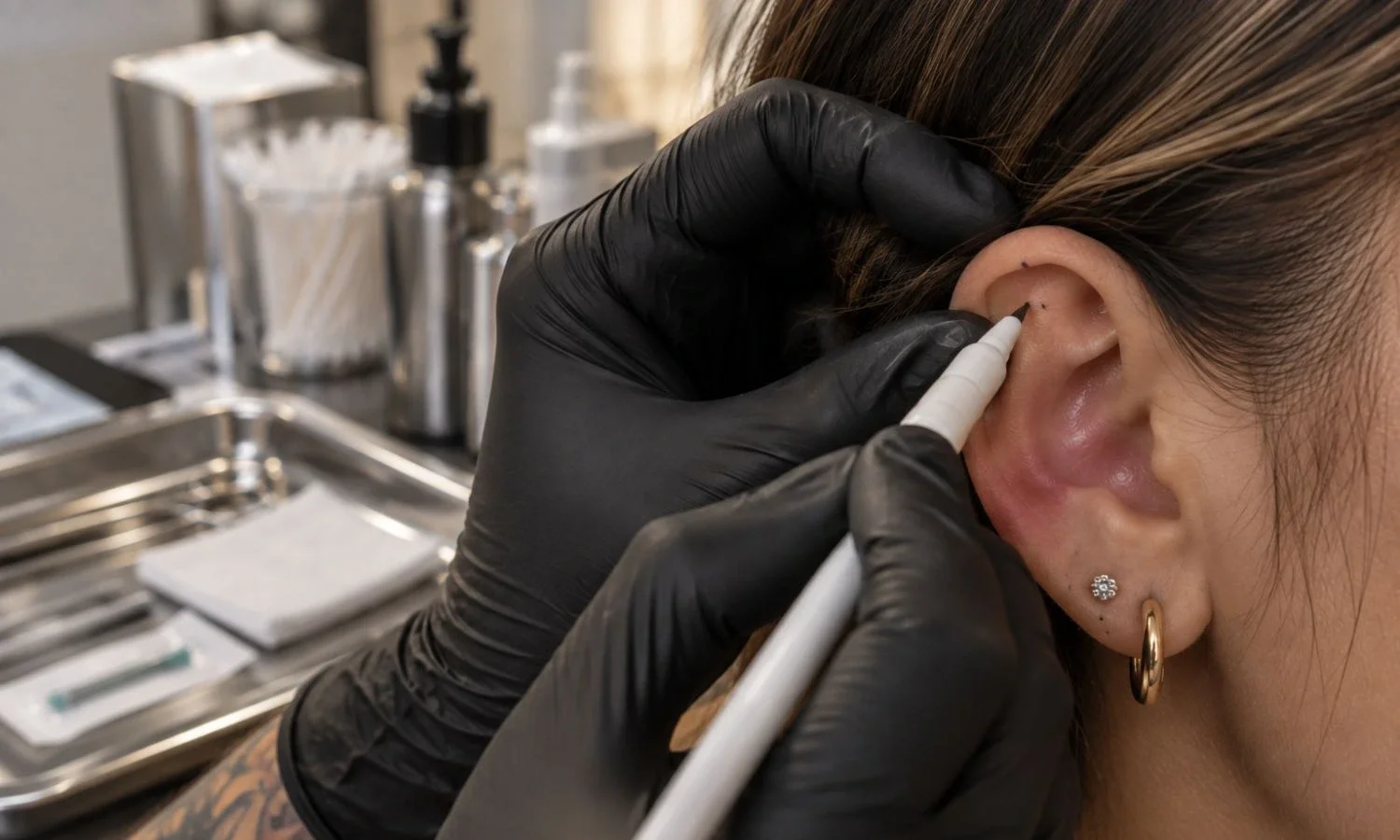 Piercer marking an ear to plan precise placement for a new cartilage piercing