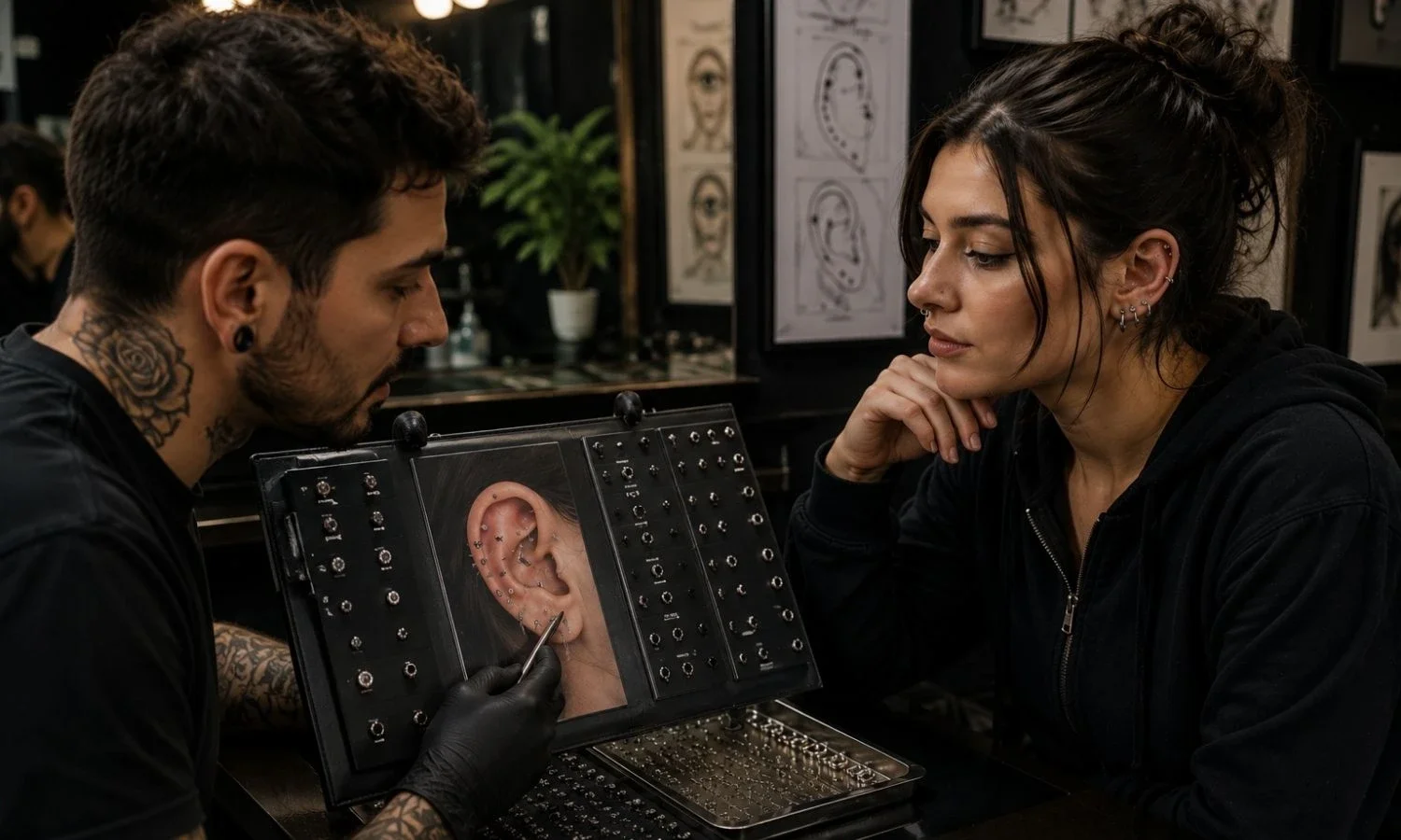 Professional piercer helping a client choose suitable ear jewelry from a selection of body piercing options