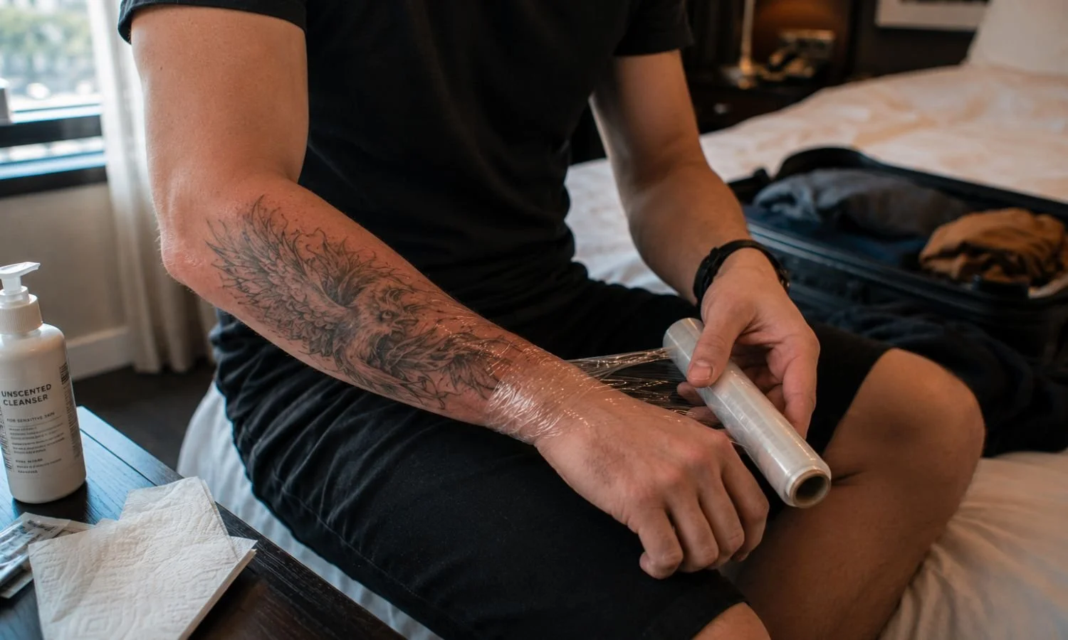 Traveler applying protective wrap to a fresh forearm tattoo in a hotel room before flying or driving home from San Antonio.