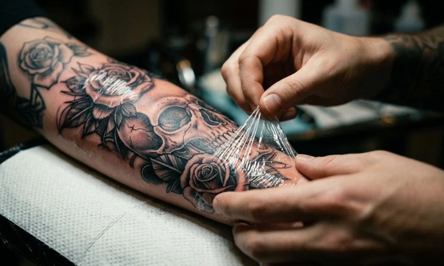 Fresh forearm tattoo during the early healing stage with protective Saniderm wrap being removed