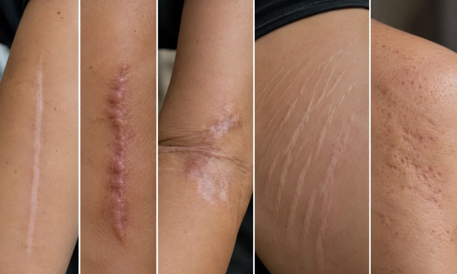 Close-up examples of different healed scars, including flat, raised, and textured scars that artists evaluate before tattooing.