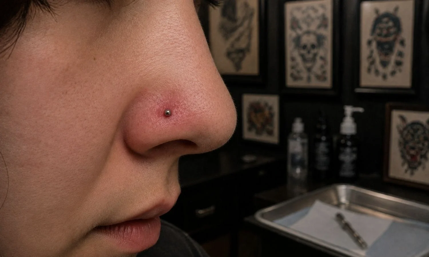 Close-up of a nostril piercing with a small metal stud during the healing process
