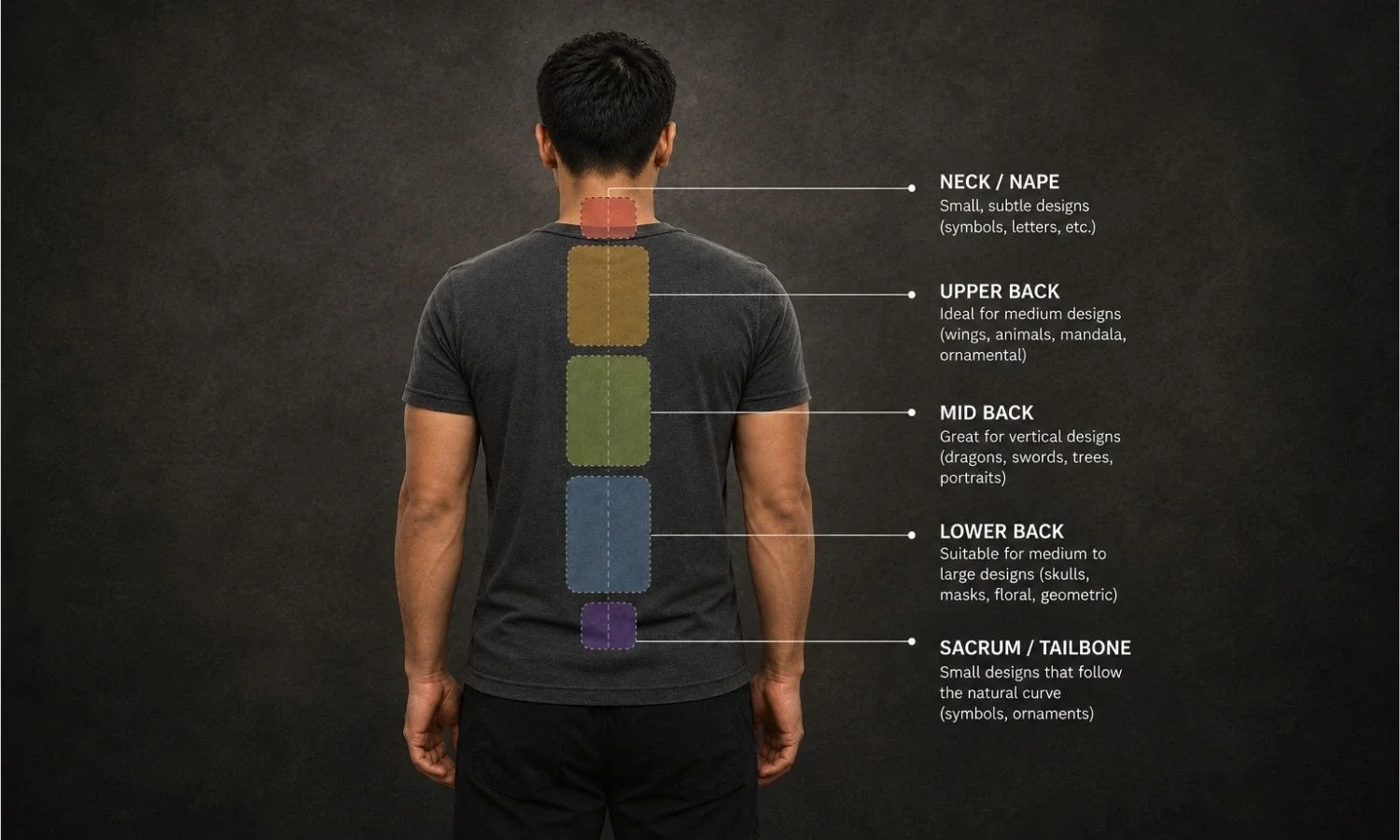 Tattoo placement guide showing the neck, upper back, mid back, lower back, and sacrum areas