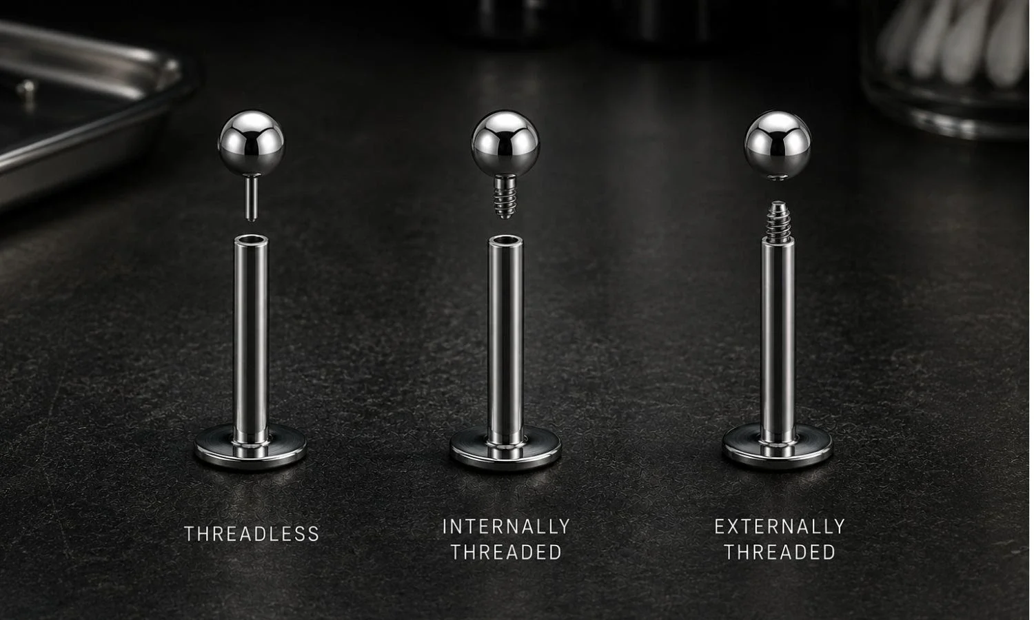 Comparison of threadless, internally threaded, and externally threaded body jewelry designs