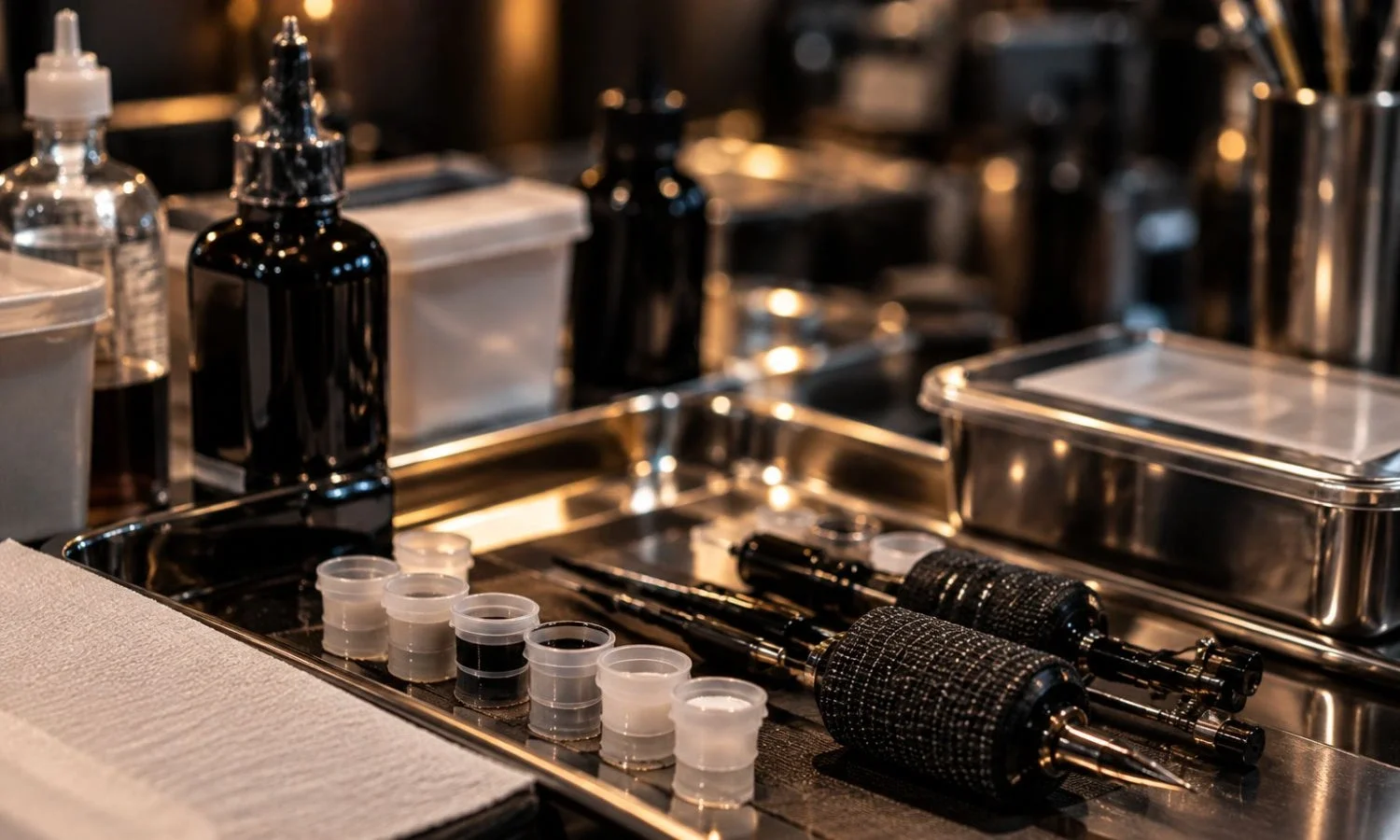 Professional tattoo supplies, ink caps, and equipment arranged on a clean workstation before a tattoo session.