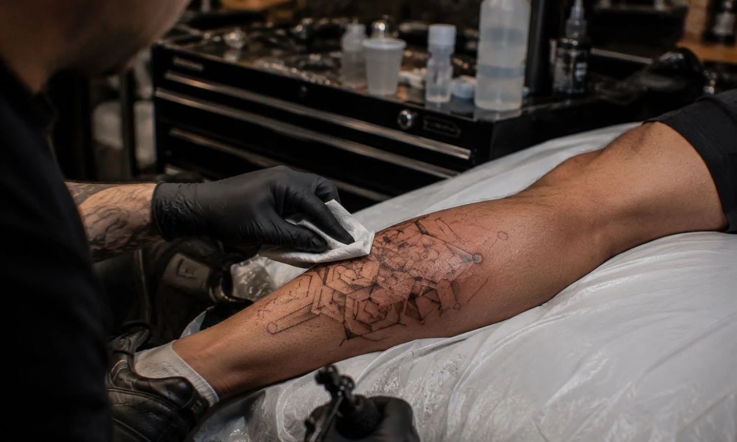 Tattoo artist cleaning a fresh leg tattoo, highlighting proper aftercare and healing considerations for travelers visiting San Antonio.