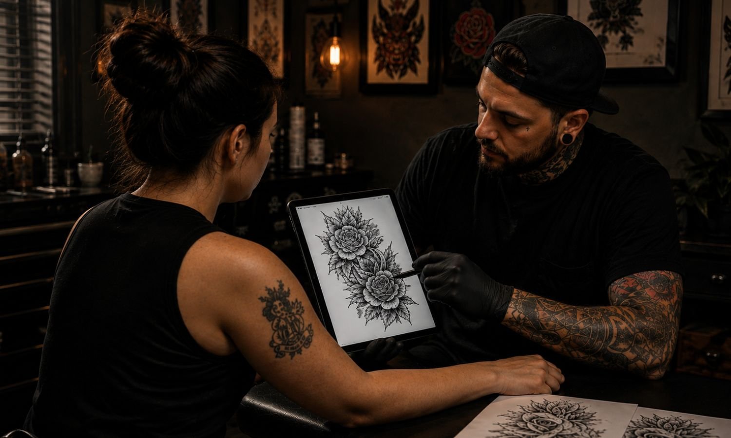 Tattoo artist discussing a custom tattoo cover-up design with a client during a consultation in a professional tattoo studio.