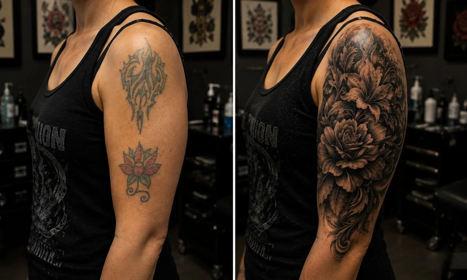 Before and after comparison of a shoulder tattoo cover-up showing old faded tattoos replaced with a detailed black and gray floral sleeve.