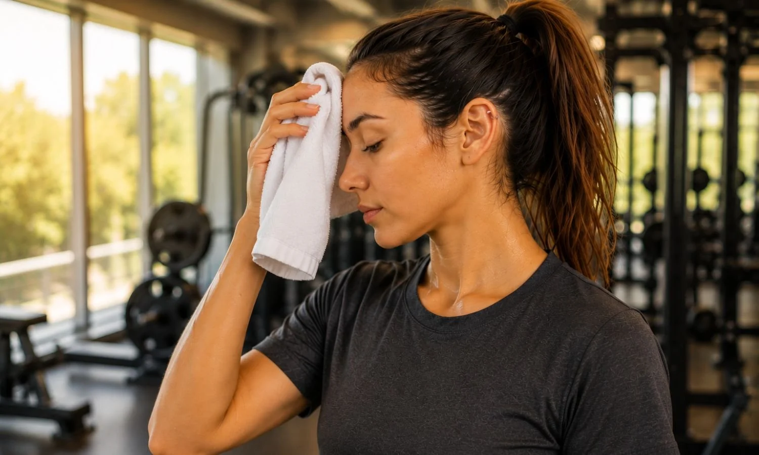 Person wiping sweat after exercising, illustrating how moisture and friction can contribute to piercing irritation during healing.