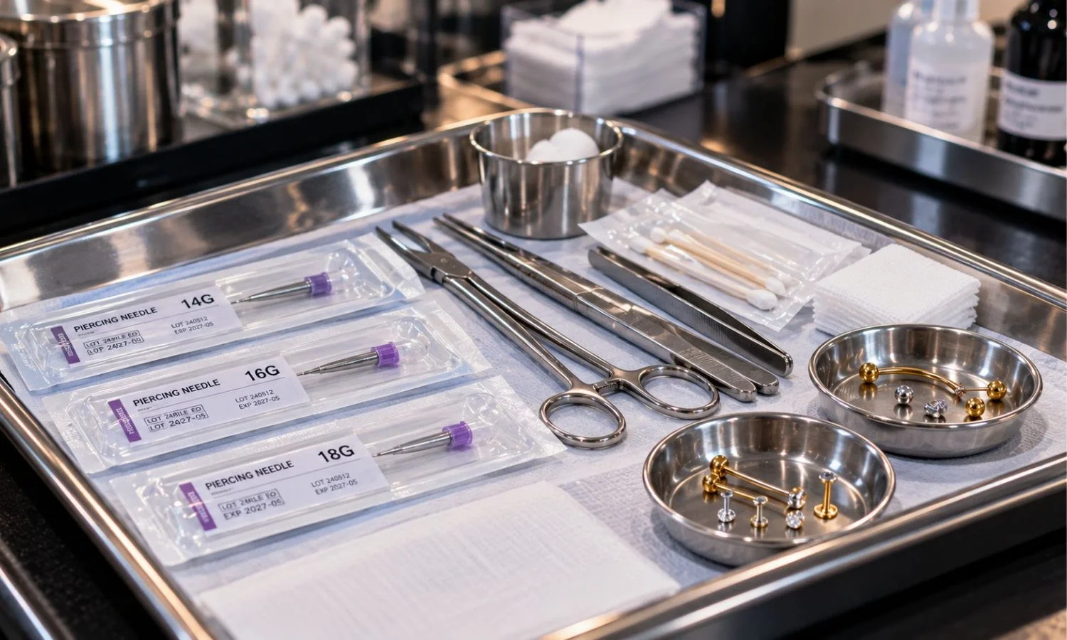 Sterile piercing needles, sanitized instruments, and body jewelry arranged on a clean stainless steel tray at a professional piercing studio.