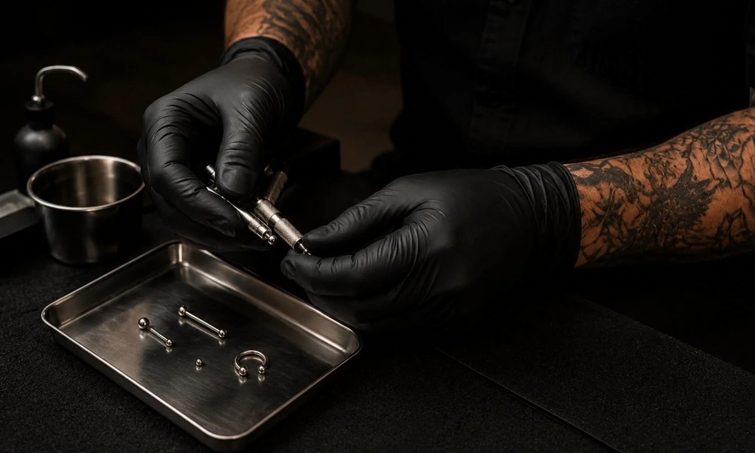 Professional piercer preparing sterile jewelry and equipment before performing an ear piercing procedure.
