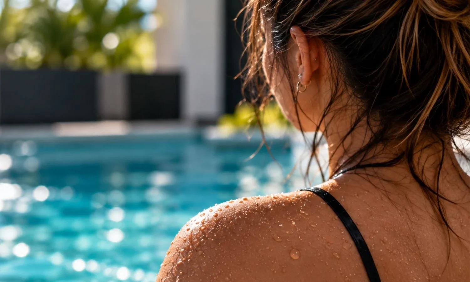 Woman standing beside a swimming pool, illustrating why swimming should be avoided while a new body piercing is healing.
