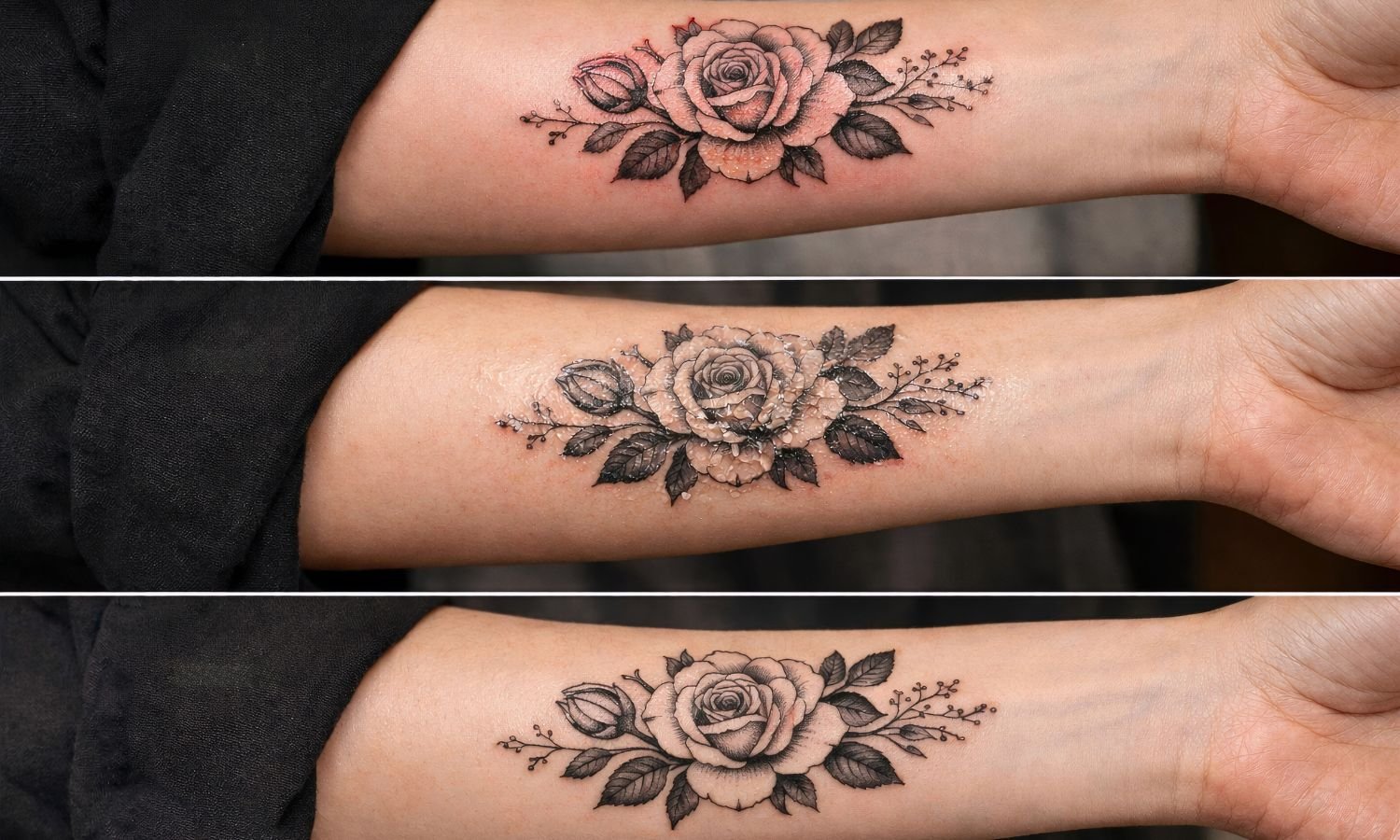 Comparison of tattoo healing stages showing fresh, peeling, and fully healed rose tattoo over time