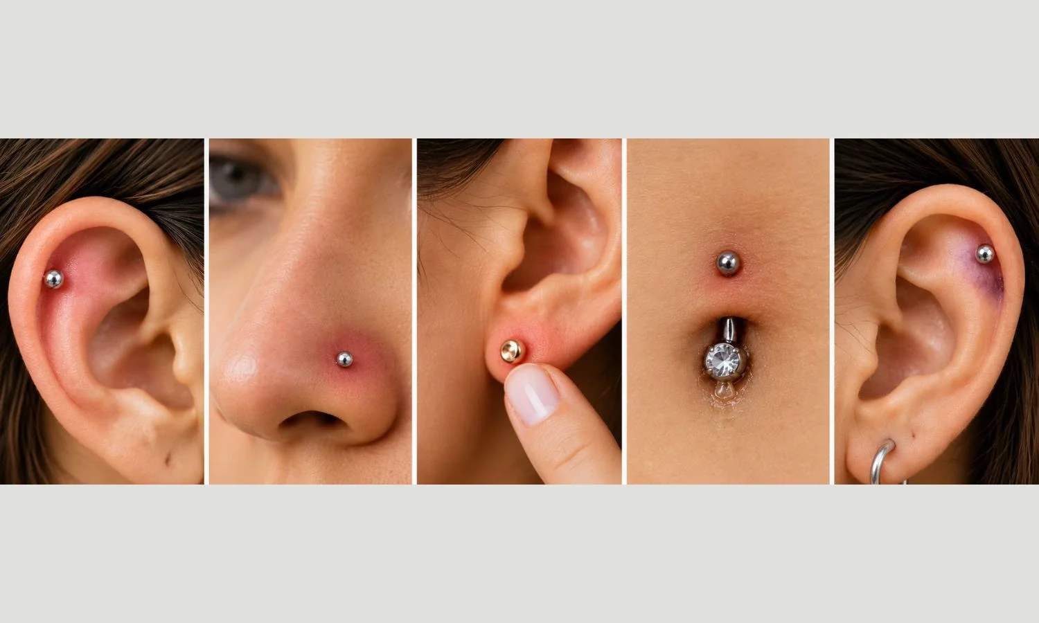 Close-up comparison of different body piercings showing redness, irritation, and potential signs of piercing complications.