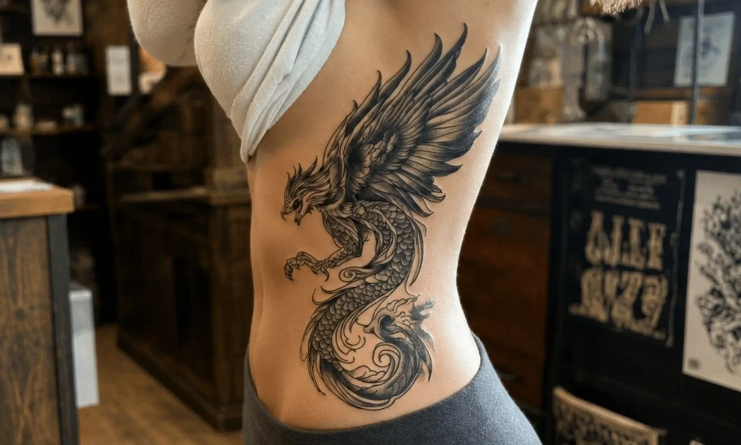 Detailed dragon tattoo covering the side of the torso, illustrating a tattoo placement near the ribs