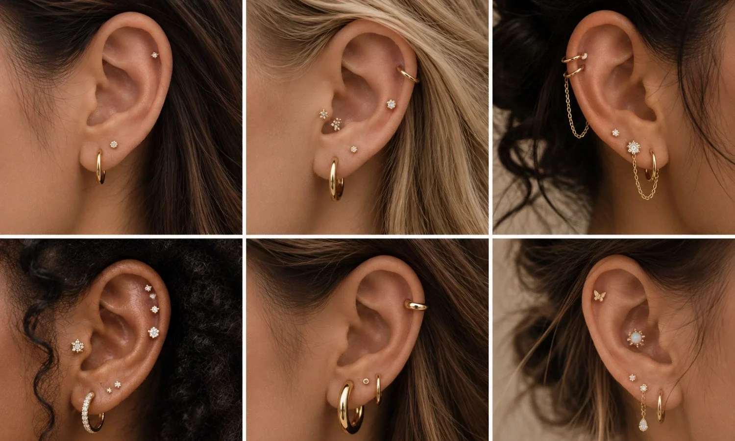 Collage showing different curated ear piercing ideas with layered gold and gemstone jewelry in various placements