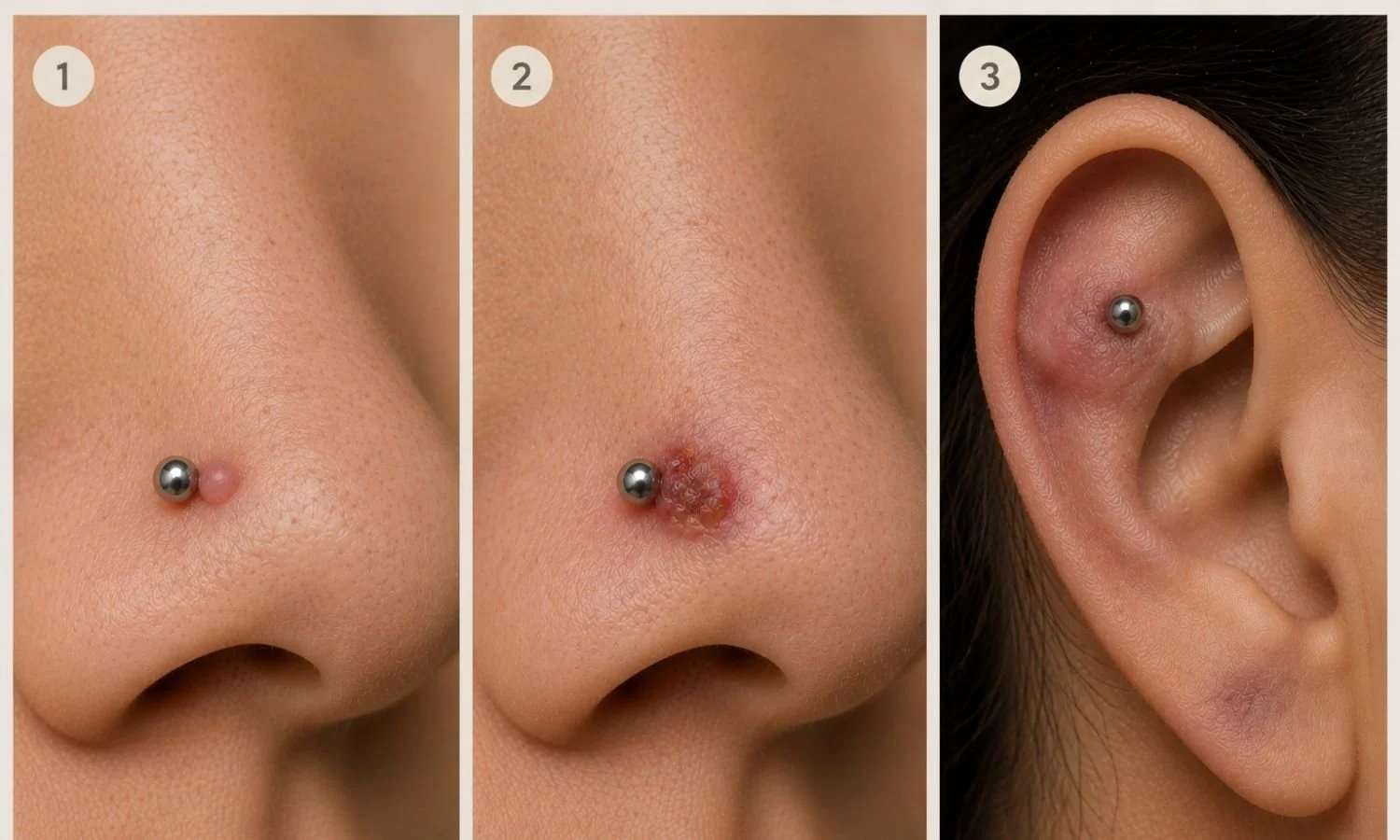 Comparison showing an irritation bump, granuloma, and healthy cartilage piercing to help identify common types of piercing bumps.