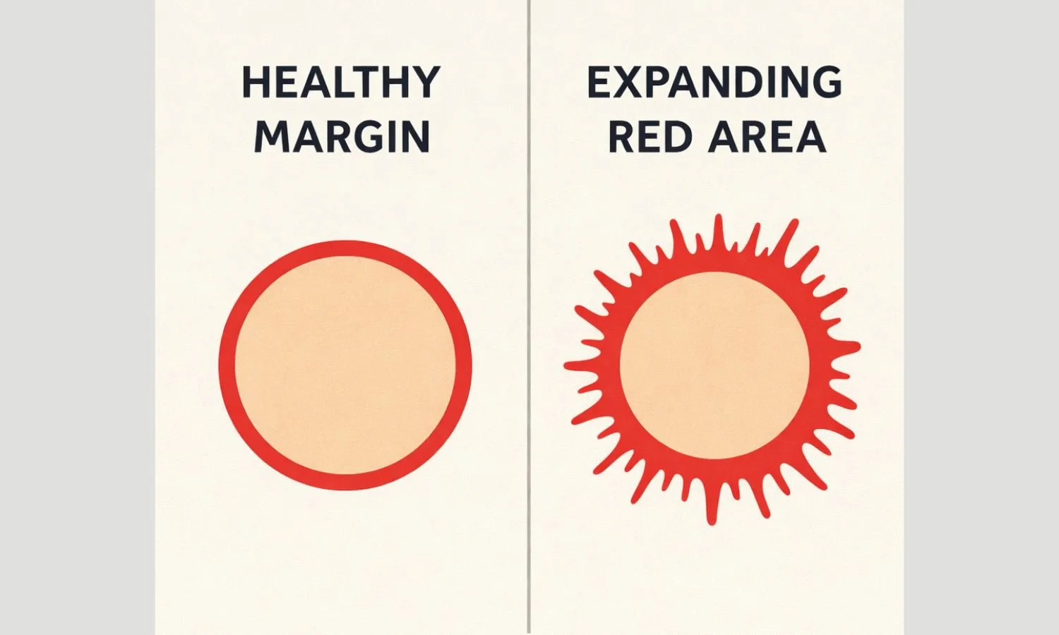 Diagram comparing normal tattoo redness margins versus expanding redness that may indicate infection