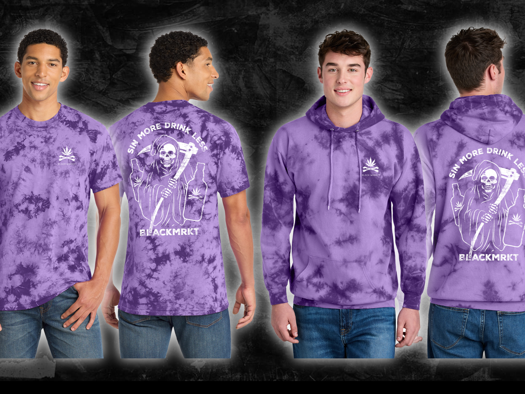 Four young men wearing purple tie-dye hoodies and t-shirts with graphic designs, standing against a dark background. Two of the men are facing forward, and the other two are showing their sides and backs, which feature a skeletal character with the text "SIN MORE DRINK LESS" and "BLACKMKT."