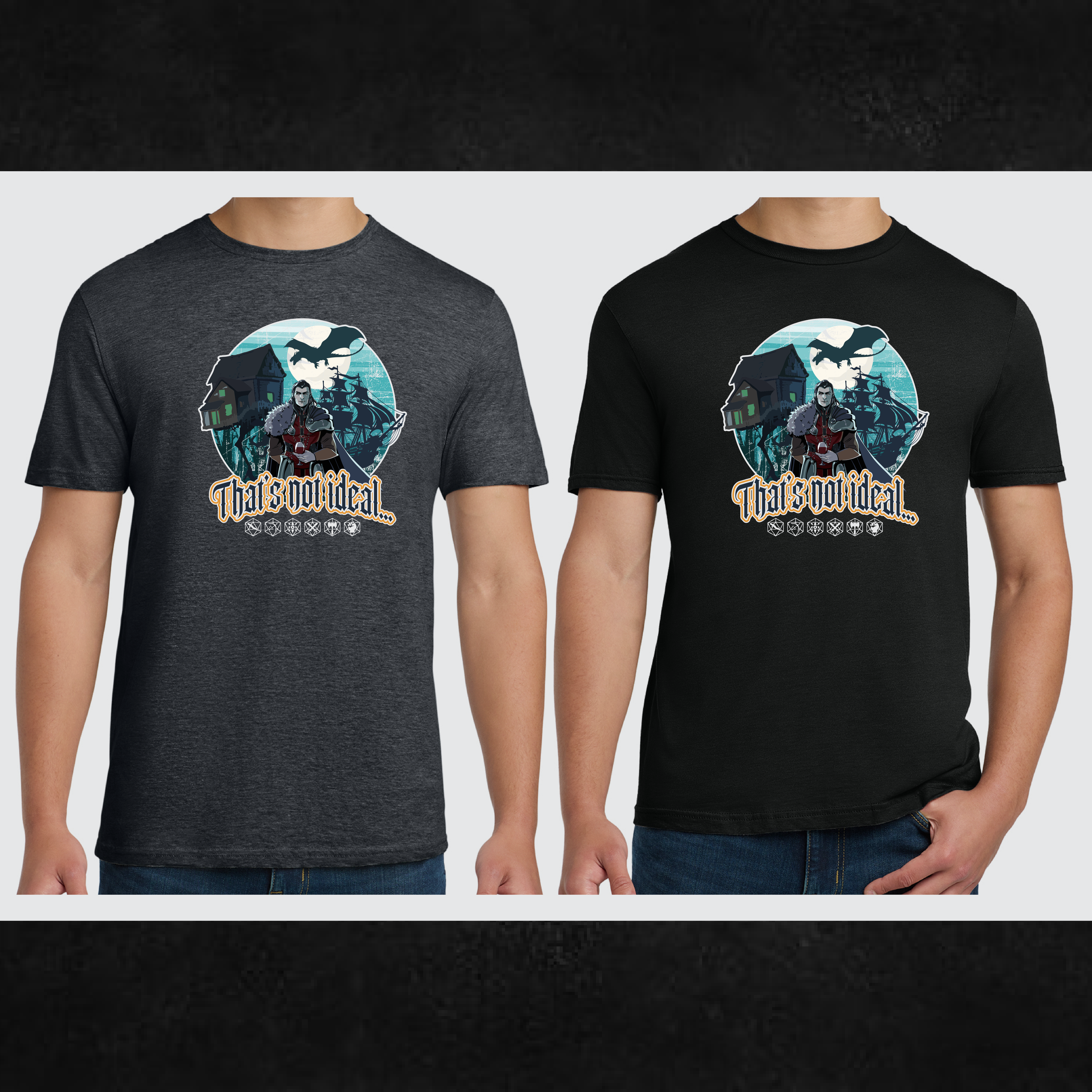 Two men wearing T-shirts with a graphic design featuring a dark house, a pirate ship, a skeleton, and the text "That’s so ideal".