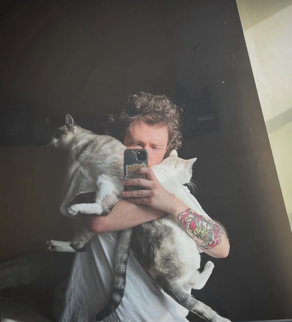 A person with curly hair and a tattooed arm taking a mirror selfie with two cats, one gray and white on their shoulder and the other white and gray being held in their arms.