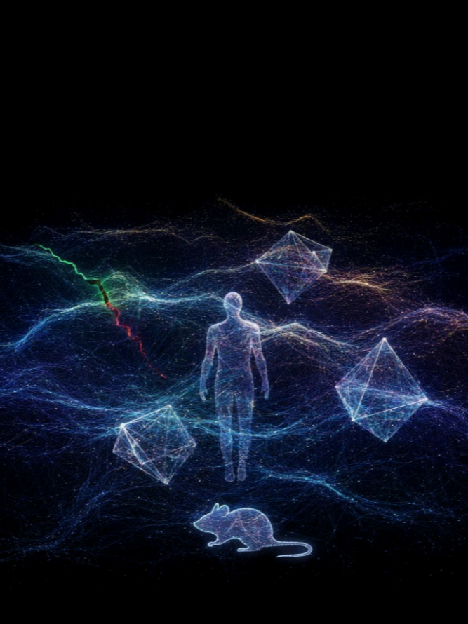 Digital art depicting a human figure surrounded by glowing geometric shapes, colorful lines, a rat, and a lightning bolt in a space-like background.