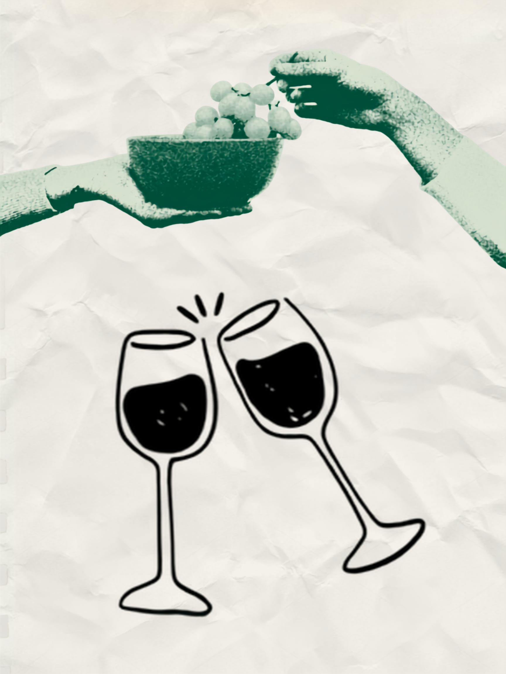 Line drawing of two wine glasses filled with wine, and a crumpled paper with a cartoon face and the word 'Cheers!' written on it.