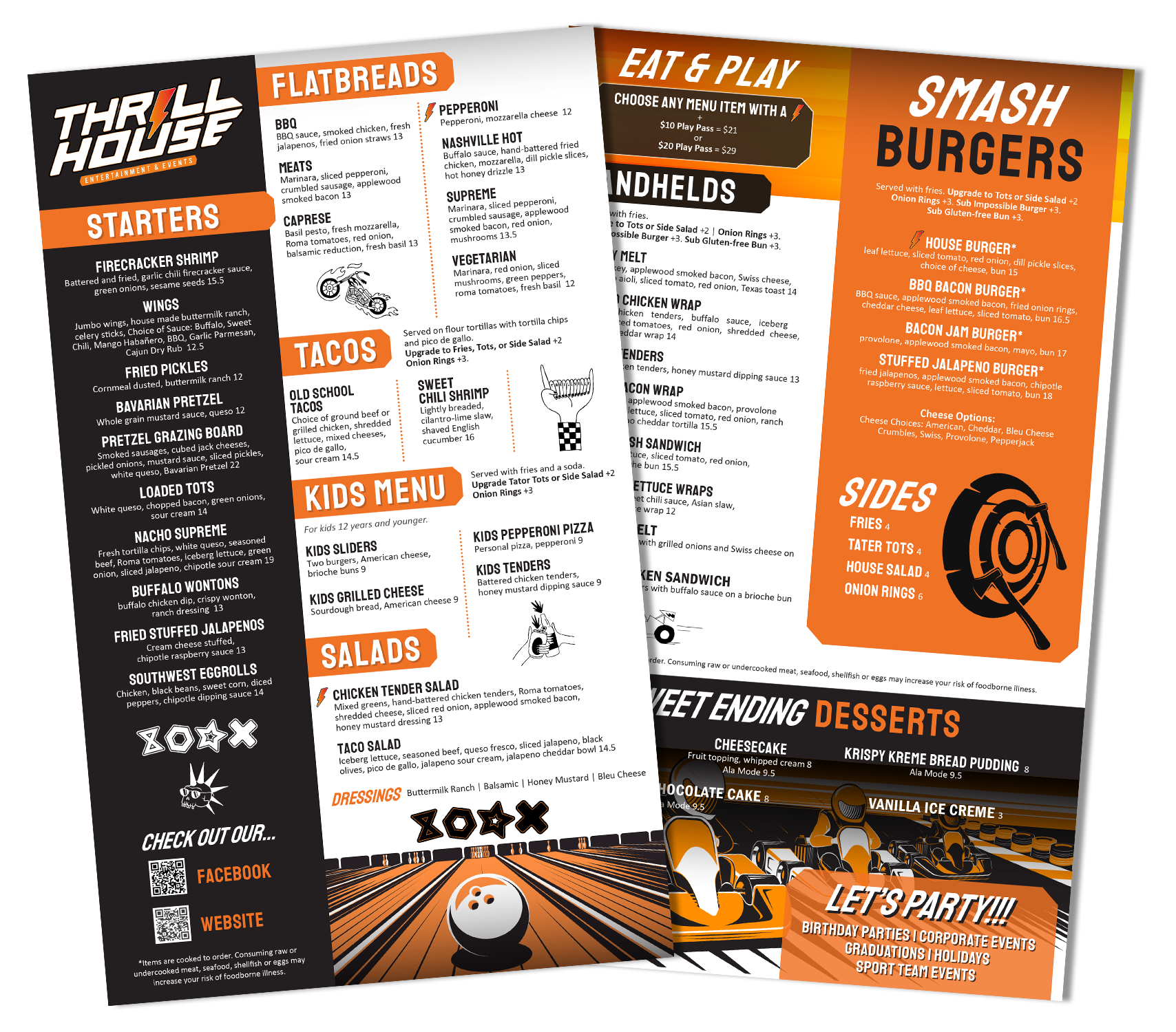 Thrill House menu featuring sections for starters, tacos, kids menu, salads, eat & play, smash burgers, sides, sweet ending desserts, and a note about party events, with orange, black, and white design elements.