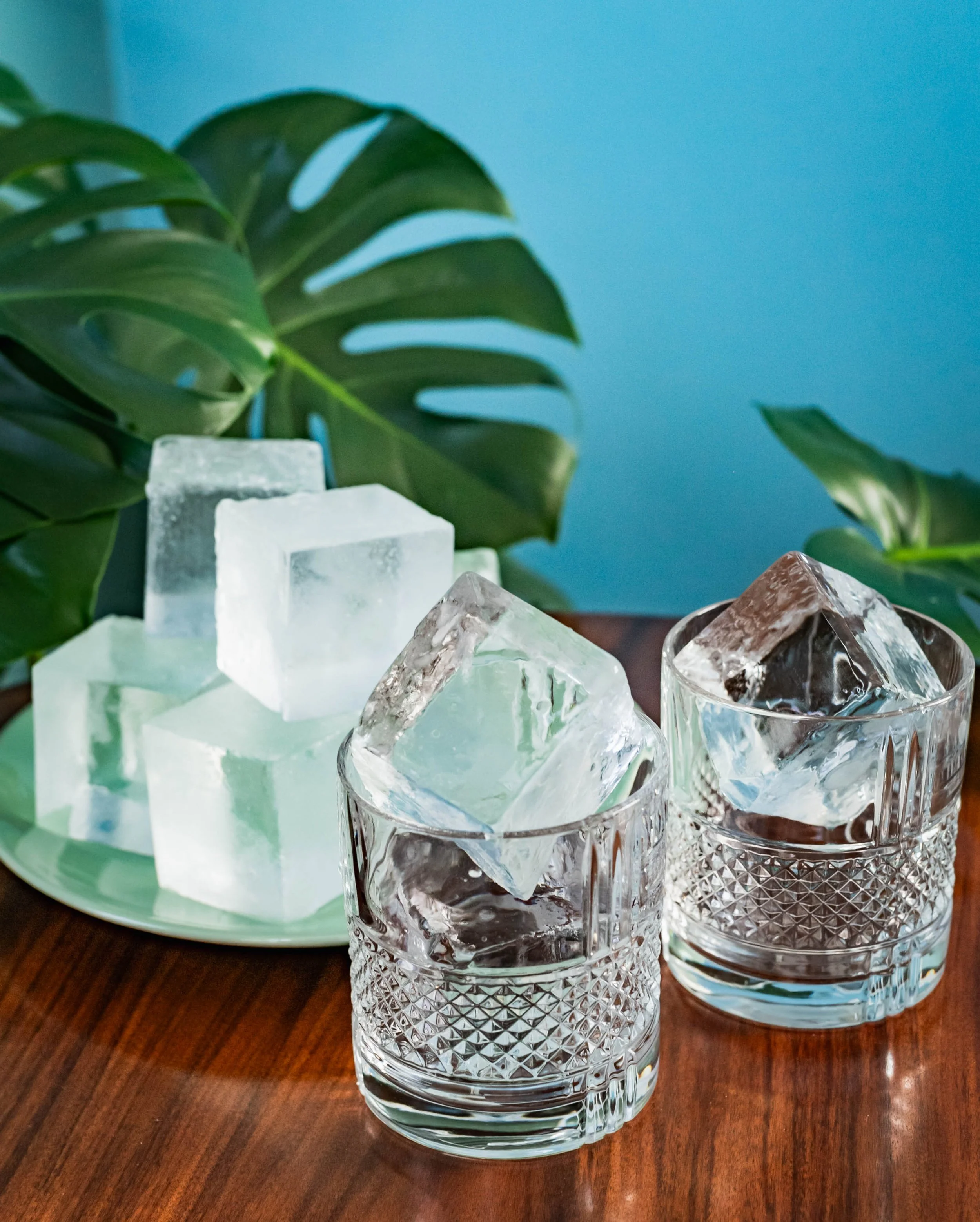 crystal clear craft cocktail ices cubes in a rocks glass
