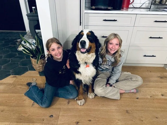 Two young girls sitting on the floor next to a large Bernese Mountain Dog in a home kitchen.