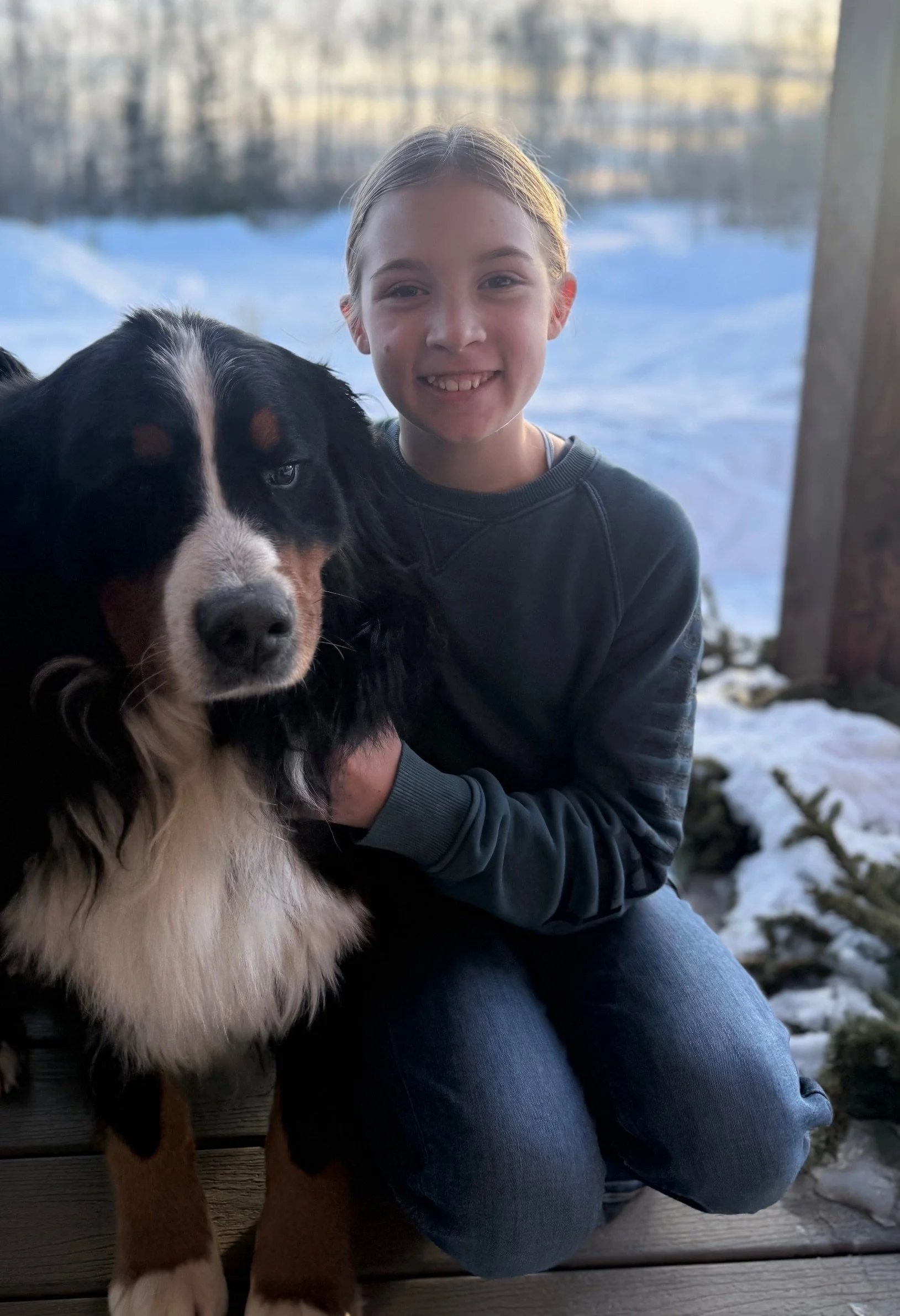 A girl smiling and sitting on a porch with a Bernese mountain dog, outdoors in a snowy landscape during winter.