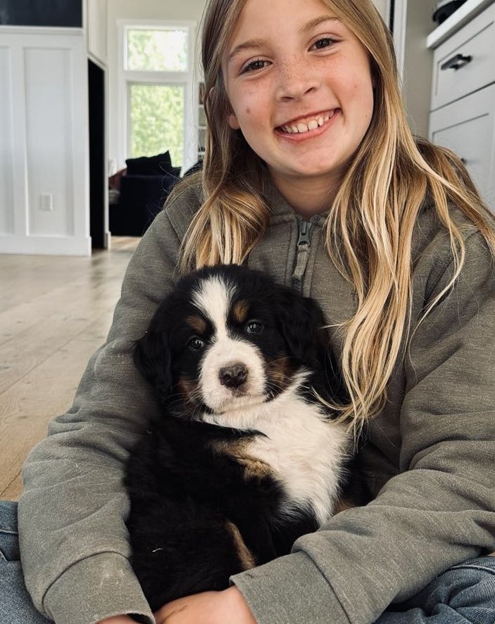 A smiling young girl with long blonde hair holding a black and white puppy indoors.